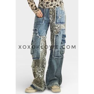 Oli & Hali Washed Leopard Patchwork Wide Leg Denim Cargo Jeans